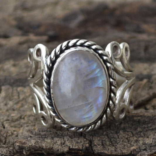 Blue Moonstone Silver Flower Ring