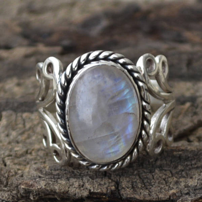 Blue Moonstone Silver Flower Ring