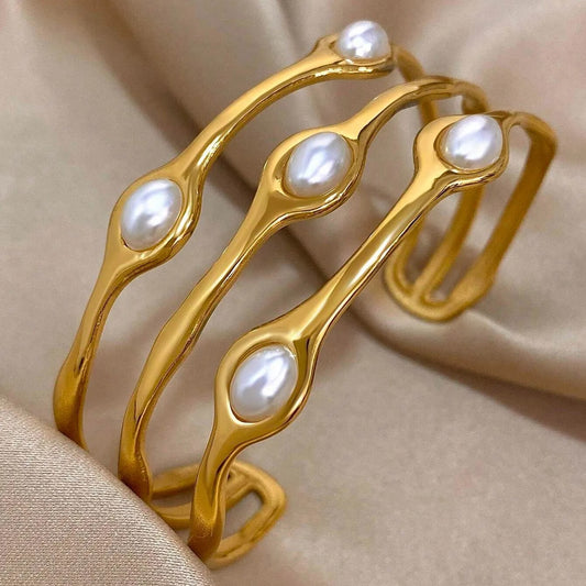 Vintage Layered Silver Pearl Bangle