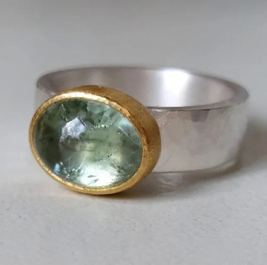 Vintage Green Glass Gold & Silver Forged Ring