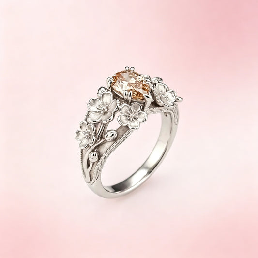 Green Nature Crystal Flower Silver Ring