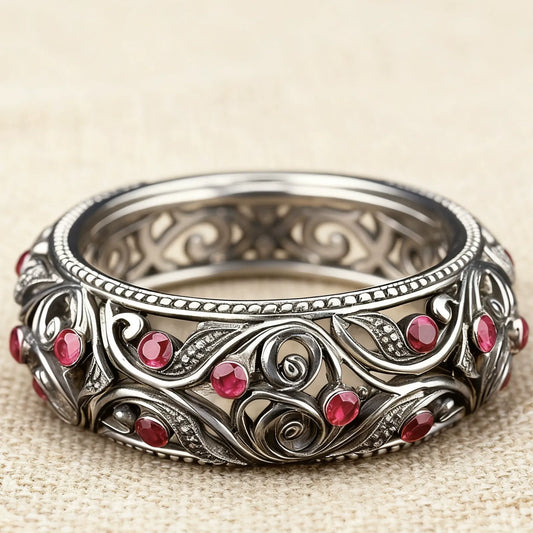 Red Crystal Trail Silver Hollow Ring