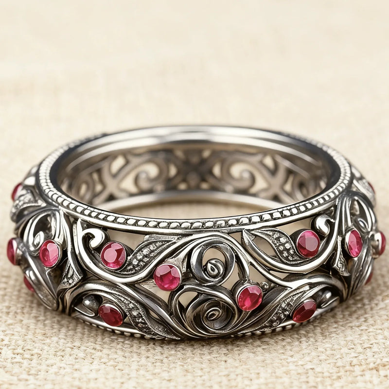 Red Crystal Trail Silver Hollow Ring