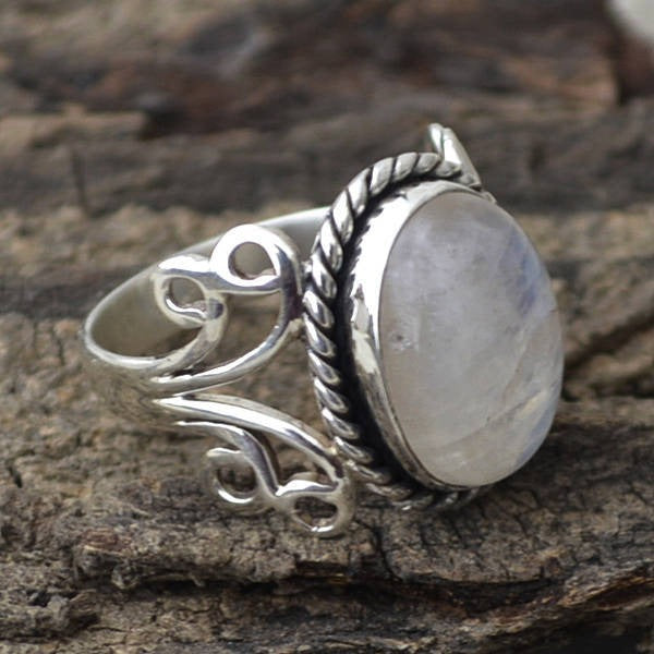 Blue Moonstone Silver Flower Ring