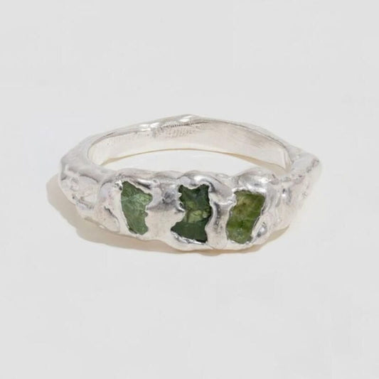 Green Inlaid Stone Forged Ring Set